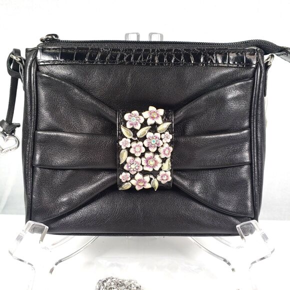 BRIGHTON Black Leather Floral Adorned BOW Small Clutch Mini  Bag - Picture 2 of 16